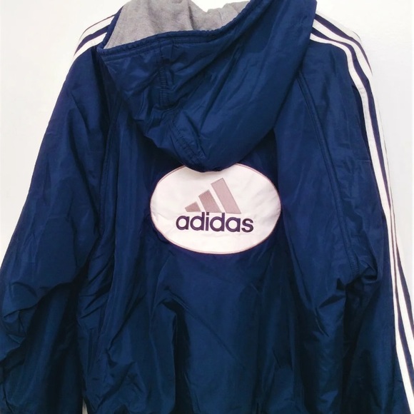 Vintage 90s Adidas reversible insulated jacket hooded. Navy / grey. Mens womens - Picture 2 of 7